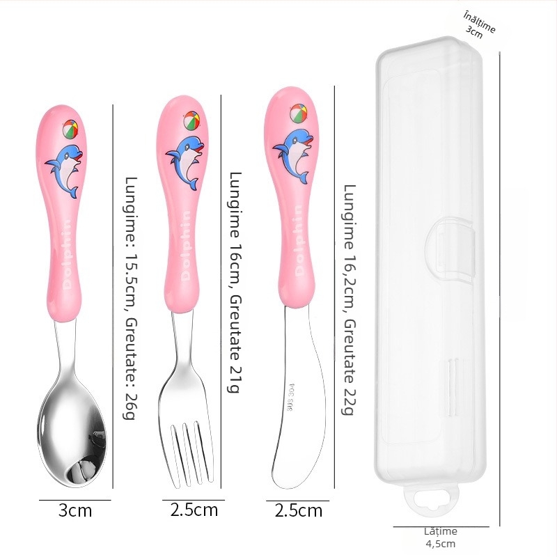 Set tacâmuri pentru copii (cuțit, furculiță, lingură) din oțel inoxidabil 304, suprafață lucioasă, model desen animat