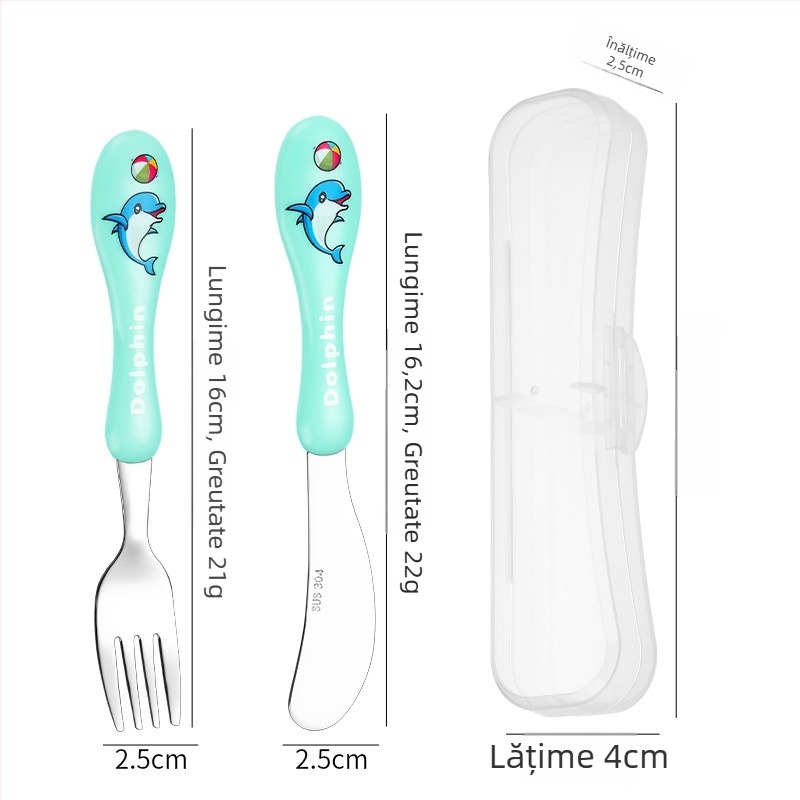 Set tacâmuri pentru copii (cuțit, furculiță, lingură) din oțel inoxidabil 304, suprafață lucioasă, model desen animat