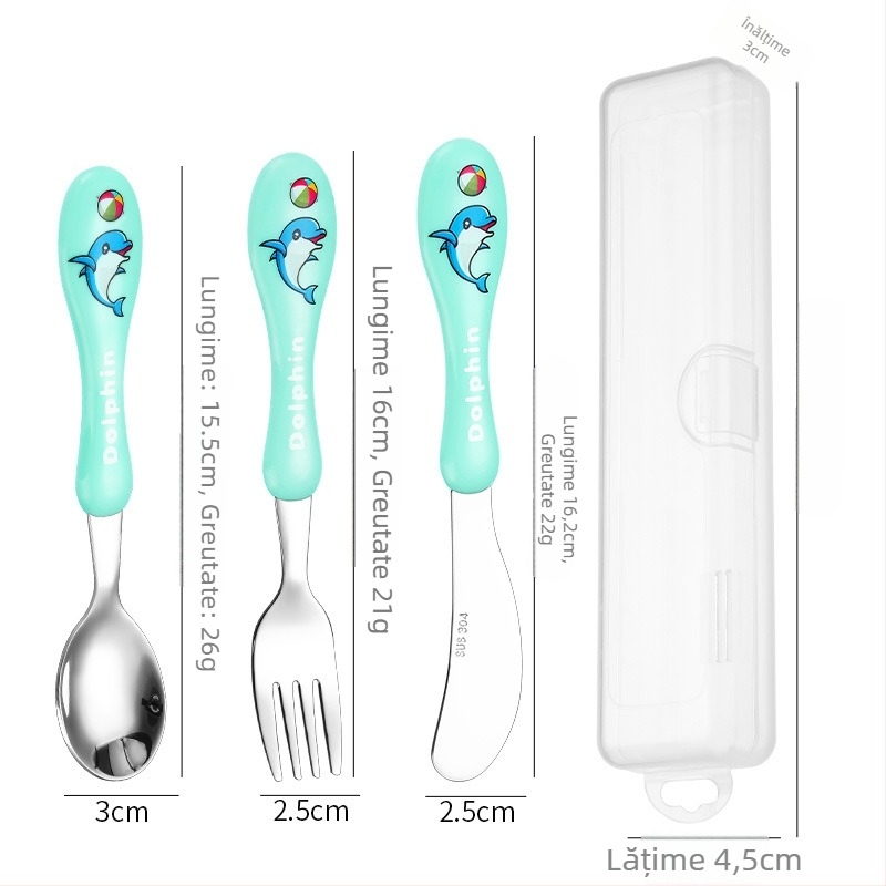 Set tacâmuri pentru copii (cuțit, furculiță, lingură) din oțel inoxidabil 304, suprafață lucioasă, model desen animat