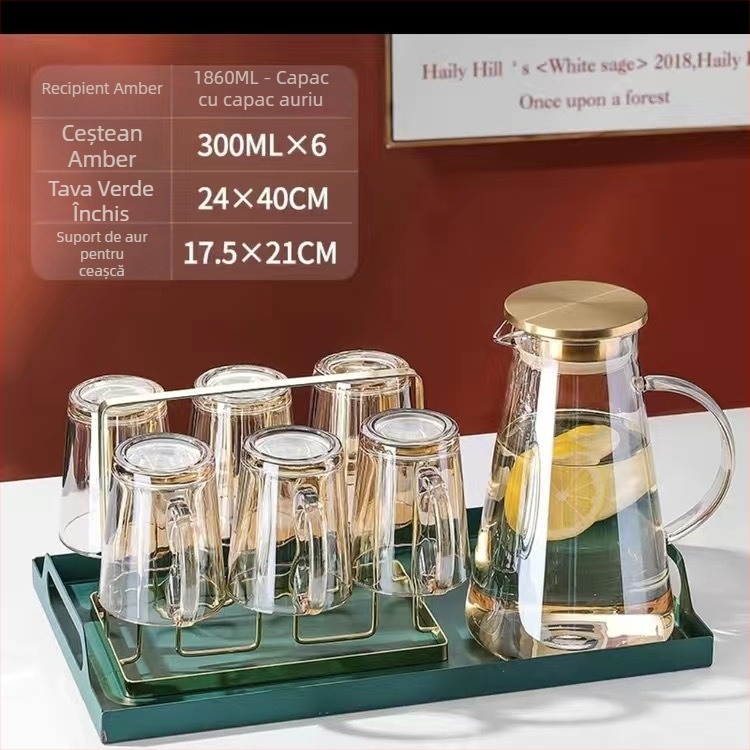 Set din sticlă pentru apă cu cești, stil european, rezistent la căldură, pentru apă rece și cold brew, cutie cadou – Jingyue