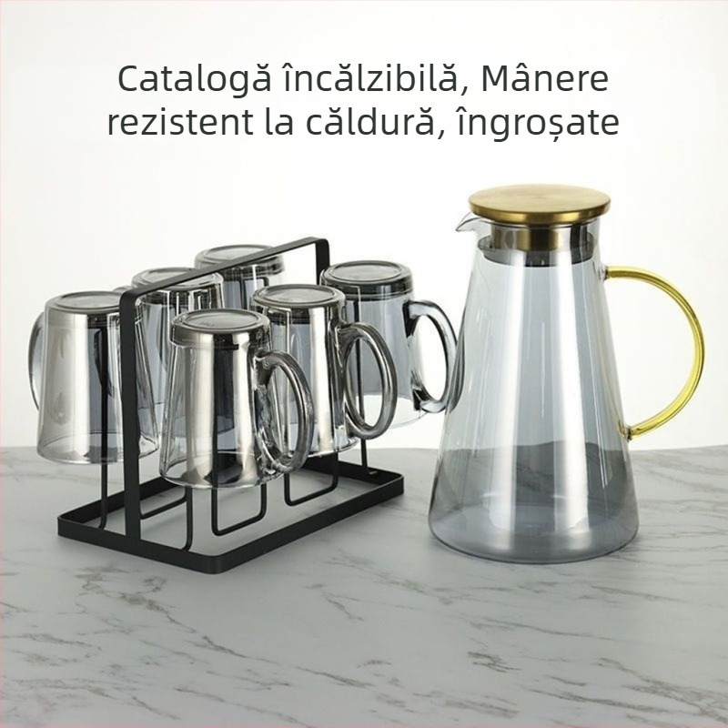 Set din sticlă pentru apă cu cești, stil european, rezistent la căldură, pentru apă rece și cold brew, cutie cadou – Jingyue