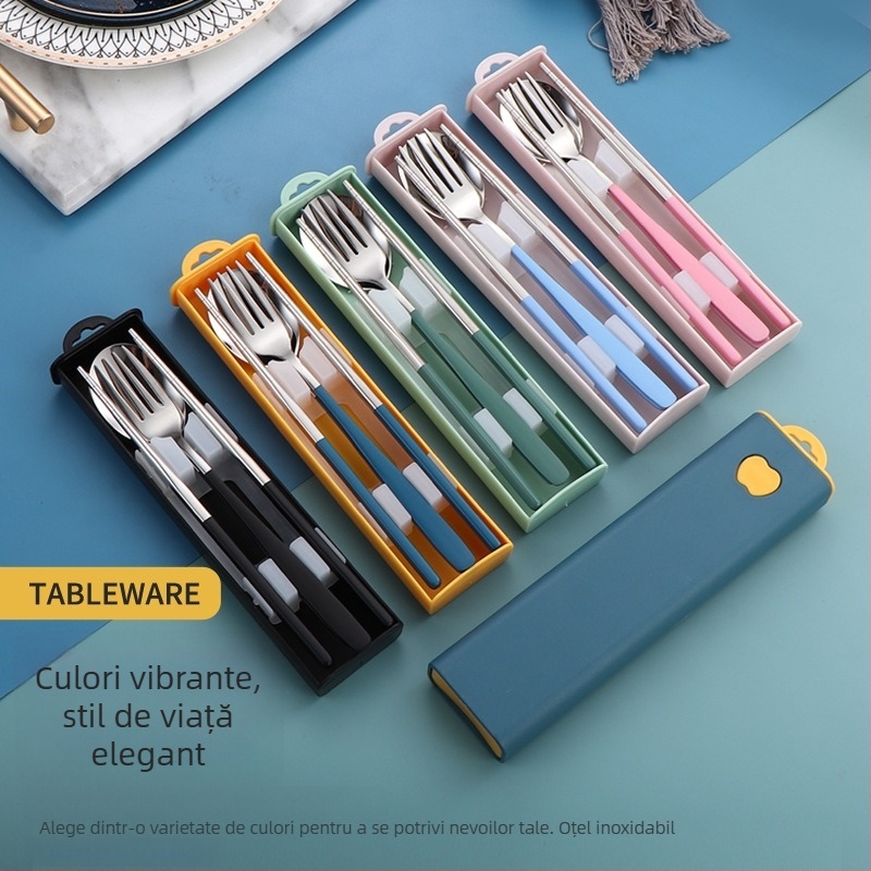 Set portabil din oțel inoxidabil 304, în stil coreean: lingură, furculiță și bețișoare de mâncare, set de trei piese pentru exterior