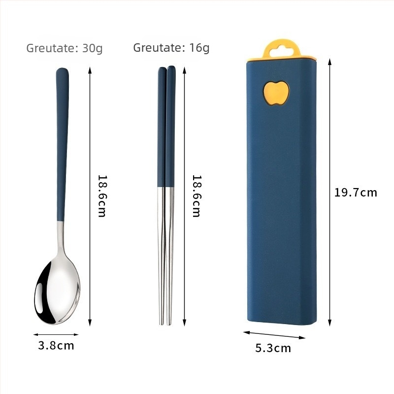 Set portabil din oțel inoxidabil 304, în stil coreean: lingură, furculiță și bețișoare de mâncare, set de trei piese pentru exterior