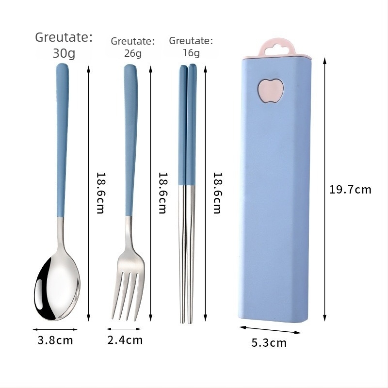 Set portabil din oțel inoxidabil 304, în stil coreean: lingură, furculiță și bețișoare de mâncare, set de trei piese pentru exterior