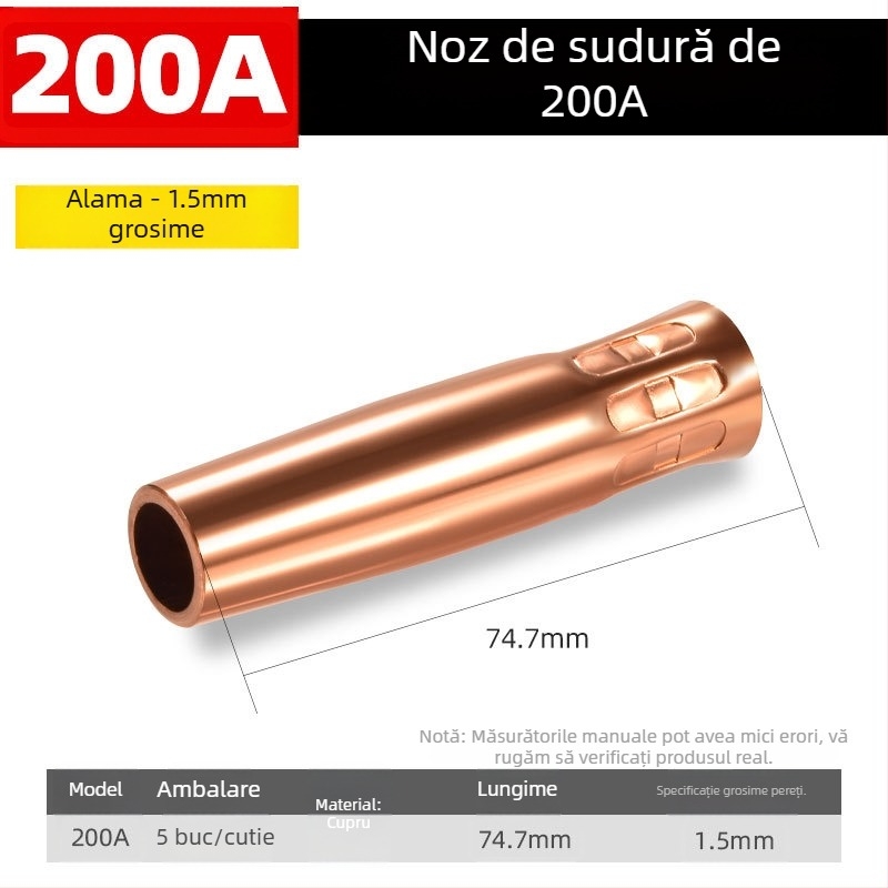 Shida duză protectoare din cupru pentru cioc de sudură, cu manșon de acoperire, 200A/350A/500A valori