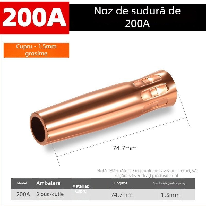 Shida duză protectoare din cupru pentru cioc de sudură, cu manșon de acoperire, 200A/350A/500A valori