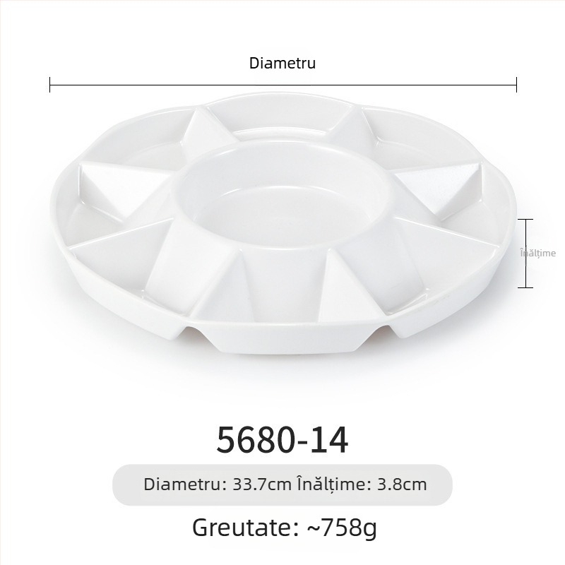 Farfurie melamină Yunnan Cross-Bridge Rice Noodle – rotundă, divizată în compartimente, stil Nordic; nu este potrivită pentru cuptorul cu microunde