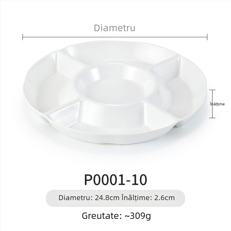 Farfurie melamină Yunnan Cross-Bridge Rice Noodle – rotundă, divizată în compartimente, stil Nordic; nu este potrivită pentru cuptorul cu microunde