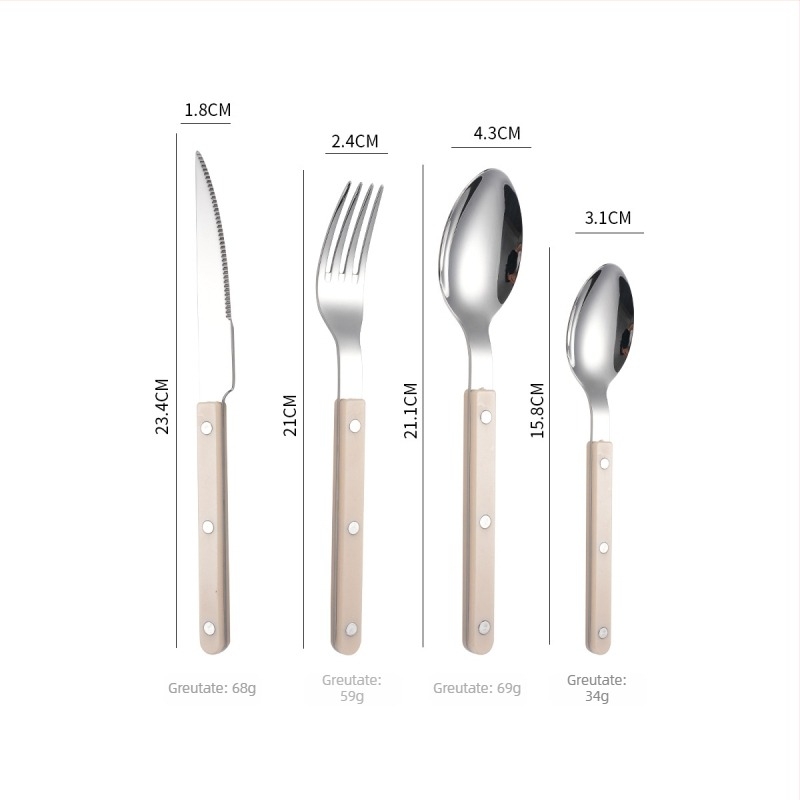 Set tacâmuri din oțel inoxidabil 304: cuțit, furculiță și lingură, mânere rivetate cu clip, stil modern și simplu, finisaj oglindă