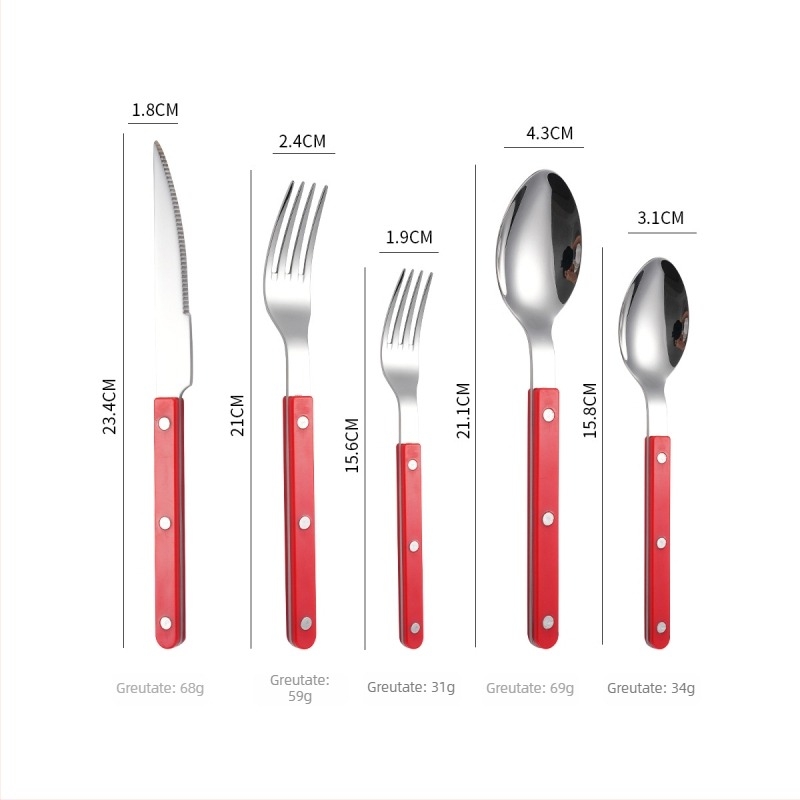 Set tacâmuri din oțel inoxidabil 304: cuțit, furculiță și lingură, mânere rivetate cu clip, stil modern și simplu, finisaj oglindă