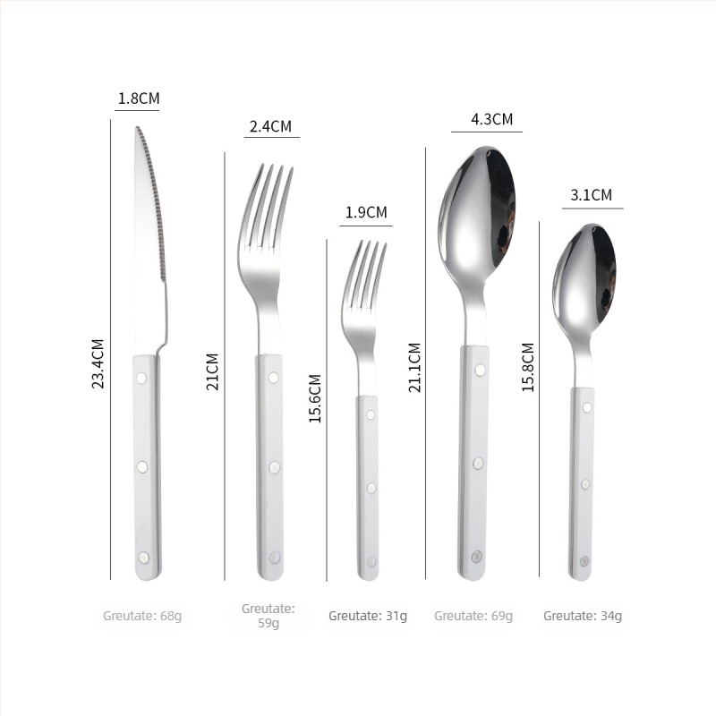 Set tacâmuri din oțel inoxidabil 304: cuțit, furculiță și lingură, mânere rivetate cu clip, stil modern și simplu, finisaj oglindă