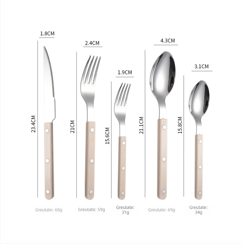 Set tacâmuri din oțel inoxidabil 304: cuțit, furculiță și lingură, mânere rivetate cu clip, stil modern și simplu, finisaj oglindă