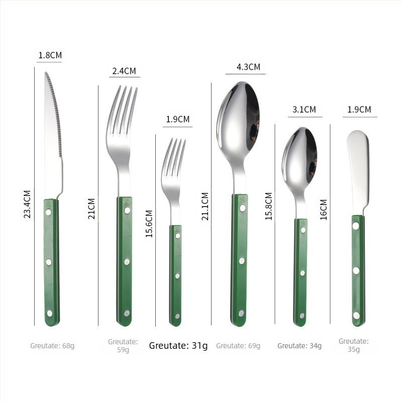 Set tacâmuri din oțel inoxidabil 304: cuțit, furculiță și lingură, mânere rivetate cu clip, stil modern și simplu, finisaj oglindă