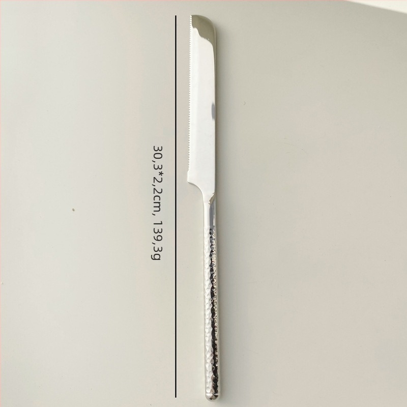 Set tacâmuri din oțel inoxidabil 304: cuțit, furculiță și lingură cu mâner în textură ciocănită în formă de diamant circular, finisaj oglindit, stil minimalist modern