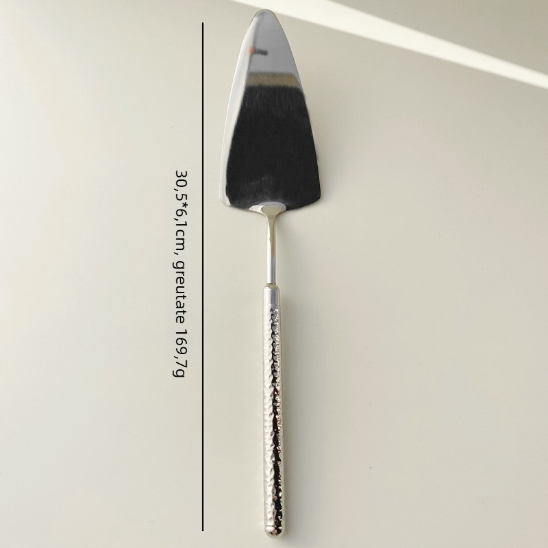 Set tacâmuri din oțel inoxidabil 304: cuțit, furculiță și lingură cu mâner în textură ciocănită în formă de diamant circular, finisaj oglindit, stil minimalist modern