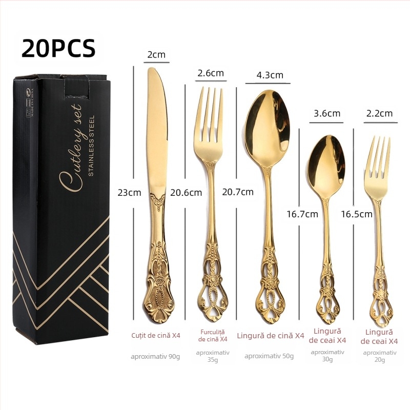 Set de tacâmuri din oțel inoxidabil 410, 24 de piese: cuțite, furci și linguri, lustruire oglindită, stil nordic