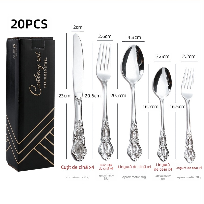 Set de tacâmuri din oțel inoxidabil 410, 24 de piese: cuțite, furci și linguri, lustruire oglindită, stil nordic