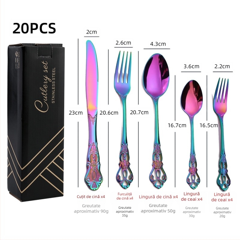 Set de tacâmuri din oțel inoxidabil 410, 24 de piese: cuțite, furci și linguri, lustruire oglindită, stil nordic