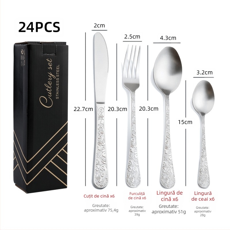 Set de tacâmuri din oțel inoxidabil 410, 24 de piese: cuțite, furci și linguri, lustruire oglindită, stil nordic