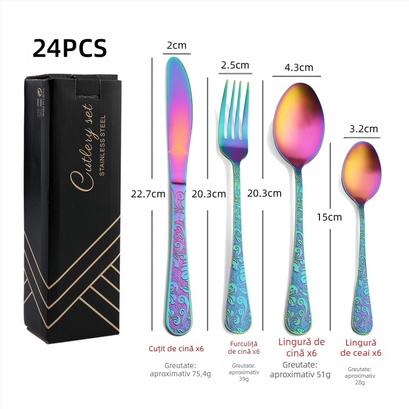 Set de tacâmuri din oțel inoxidabil 410, 24 de piese: cuțite, furci și linguri, lustruire oglindită, stil nordic