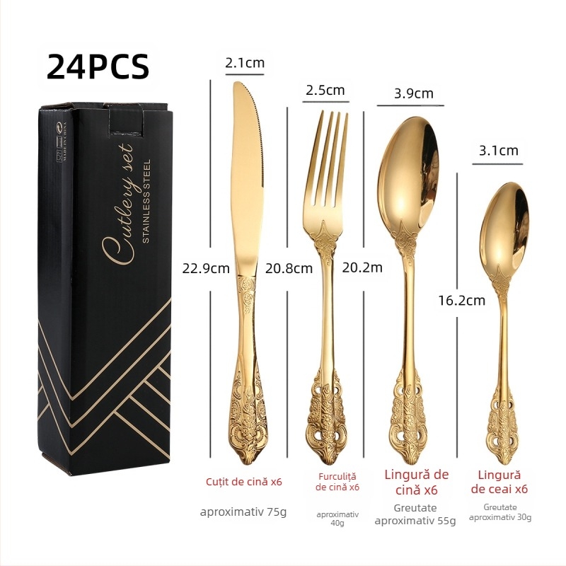 Set de tacâmuri din oțel inoxidabil 410, 24 de piese: cuțite, furci și linguri, lustruire oglindită, stil nordic