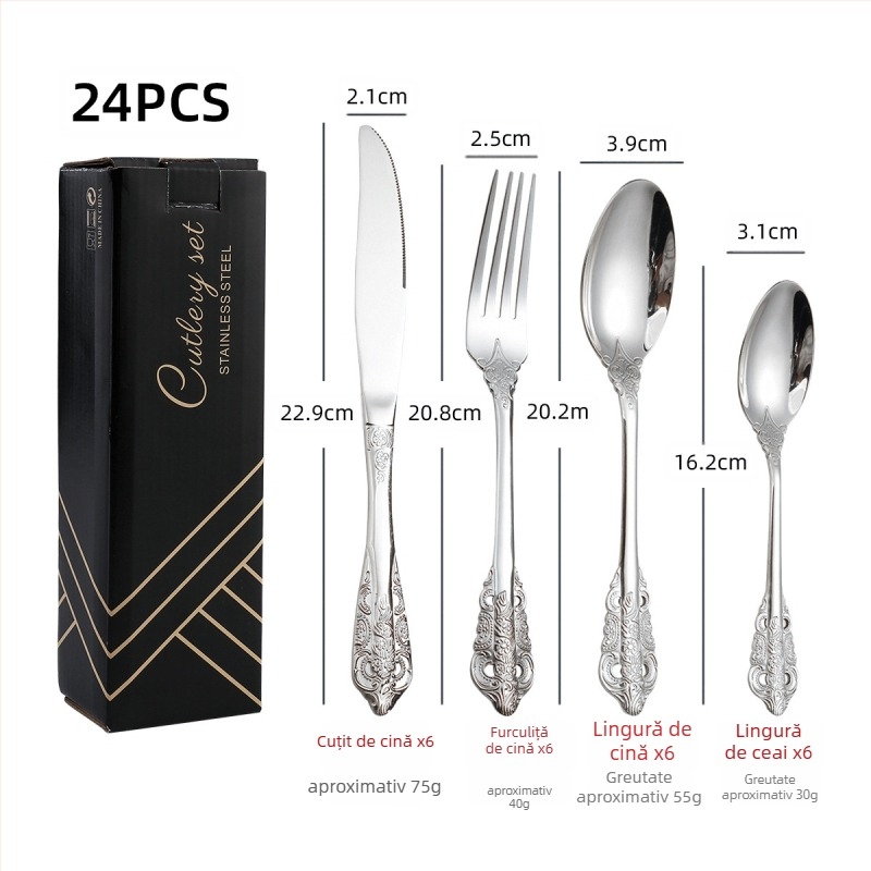 Set de tacâmuri din oțel inoxidabil 410, 24 de piese: cuțite, furci și linguri, lustruire oglindită, stil nordic