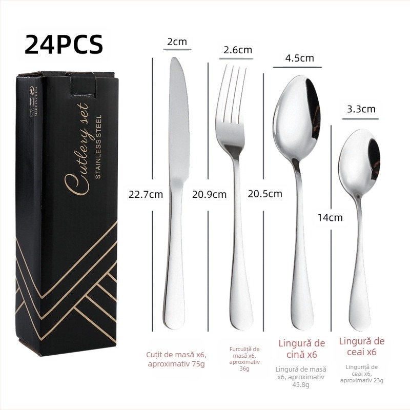 Set de tacâmuri din oțel inoxidabil 410, 24 de piese: cuțite, furci și linguri, lustruire oglindită, stil nordic