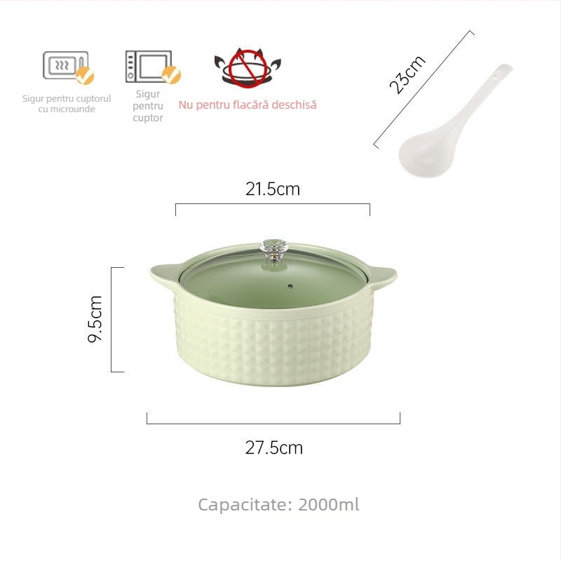 Vas de supă din porțelan cu capac, stil japonez, formă rotundă, mânere duble