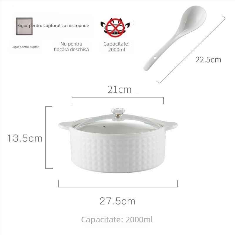 Vas de supă din porțelan cu capac, stil japonez, formă rotundă, mânere duble