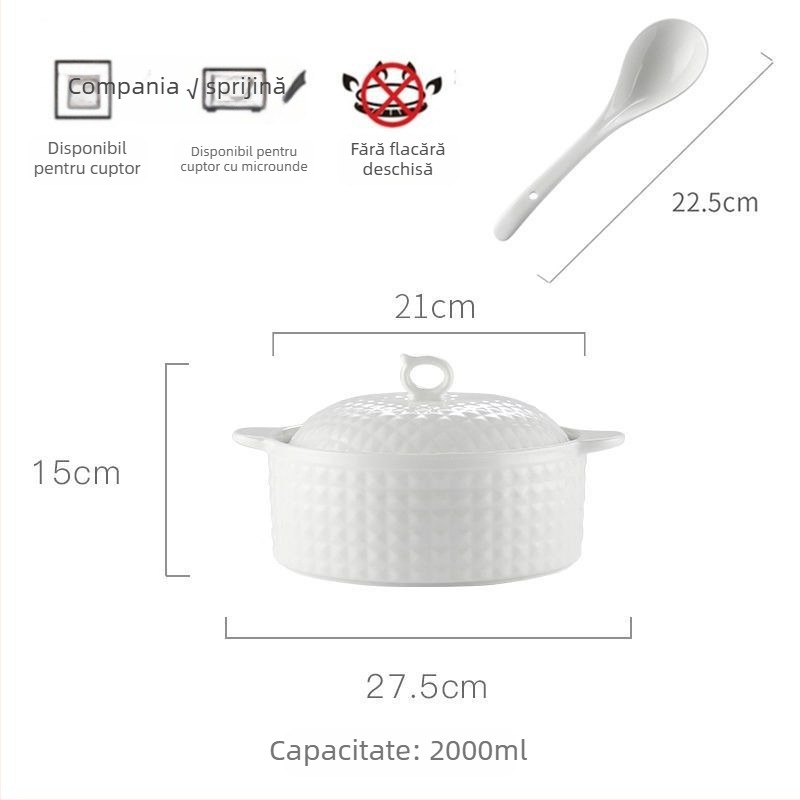 Vas de supă din porțelan cu capac, stil japonez, formă rotundă, mânere duble