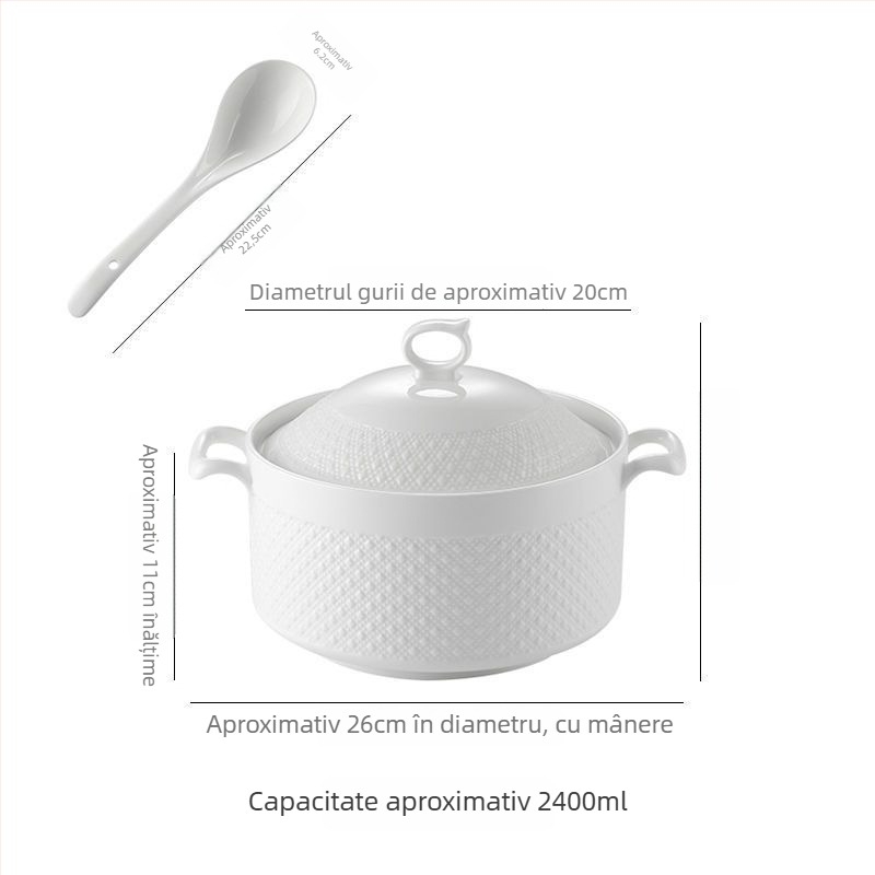 Vas de supă din porțelan cu capac, stil japonez, formă rotundă, mânere duble