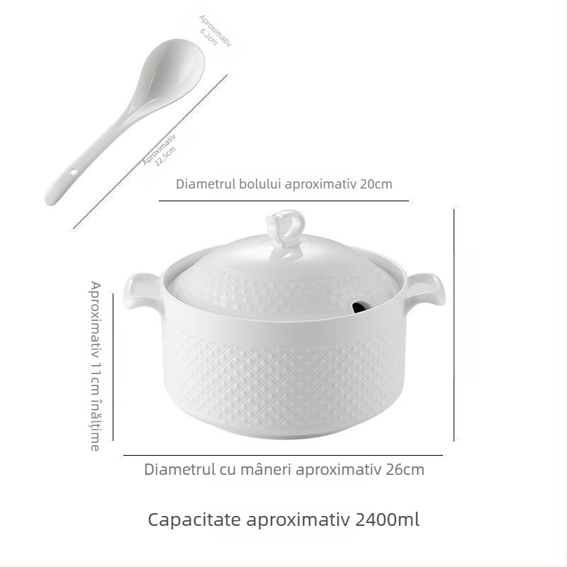 Vas de supă din porțelan cu capac, stil japonez, formă rotundă, mânere duble