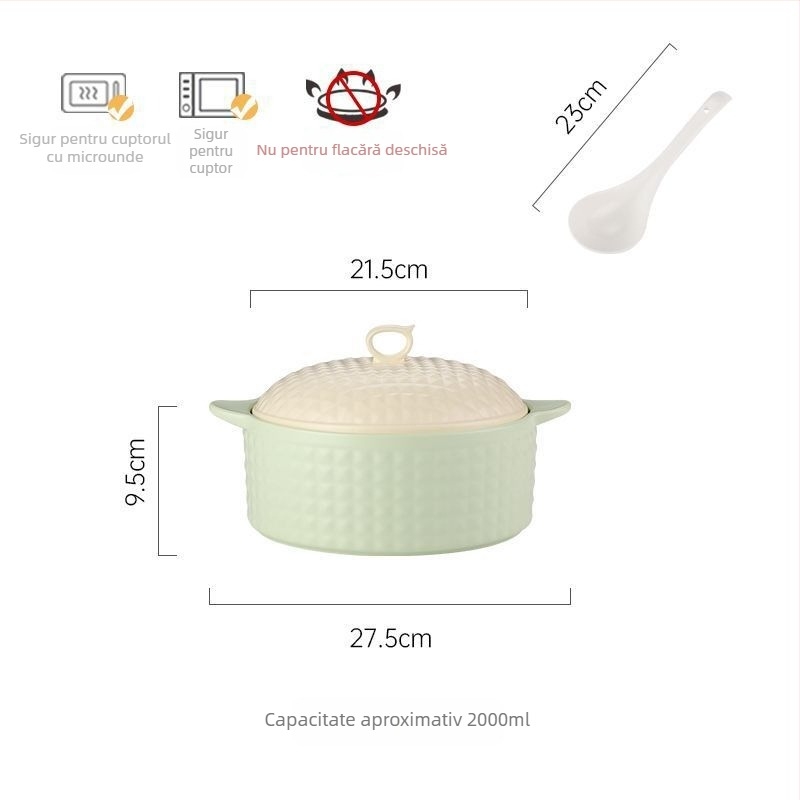 Vas de supă din porțelan cu capac, stil japonez, formă rotundă, mânere duble