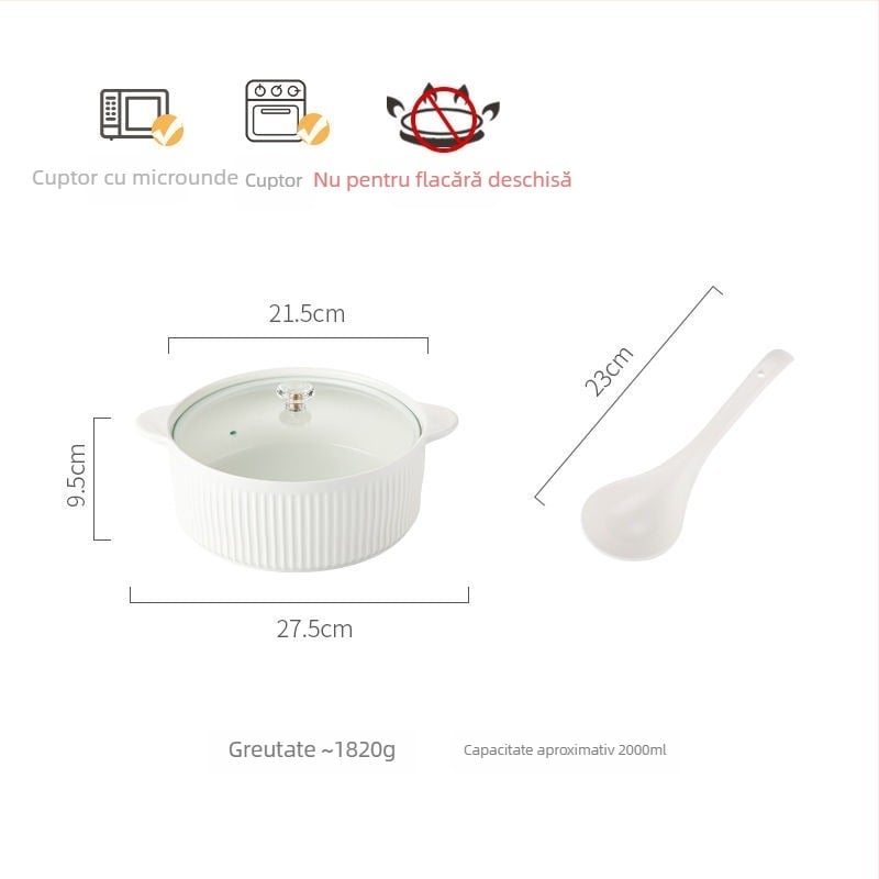 Vas de supă din porțelan cu capac, stil japonez, formă rotundă, mânere duble