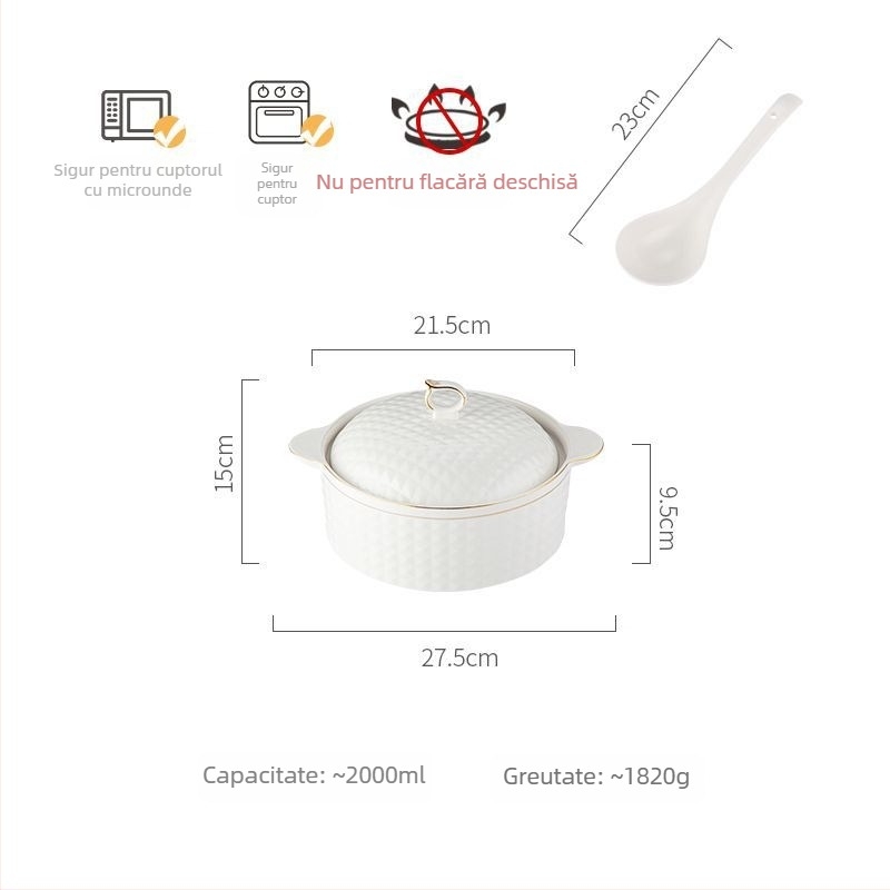 Vas de supă din porțelan cu capac, stil japonez, formă rotundă, mânere duble