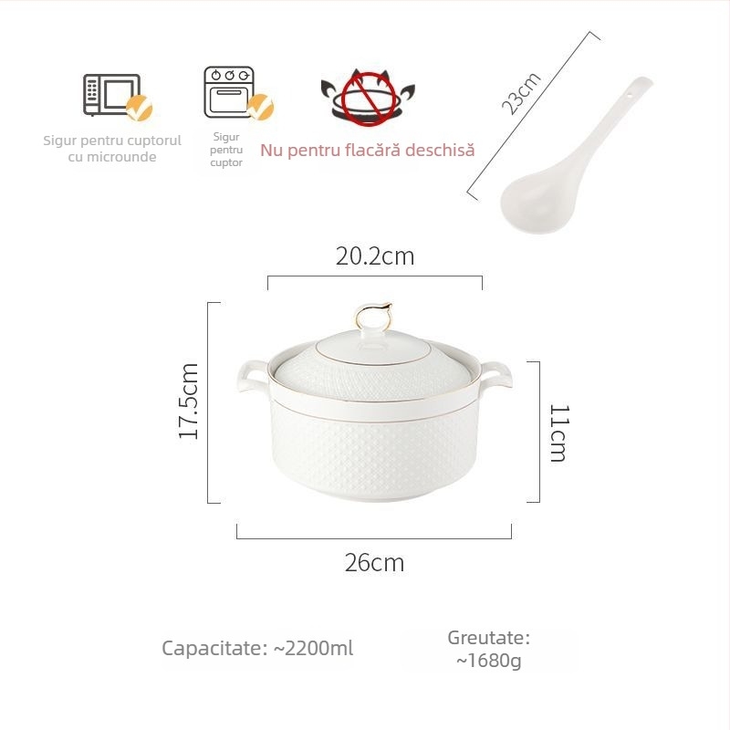 Vas de supă din porțelan cu capac, stil japonez, formă rotundă, mânere duble