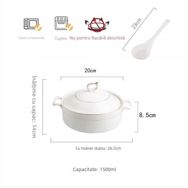 Vas de supă din porțelan cu capac, stil japonez, formă rotundă, mânere duble