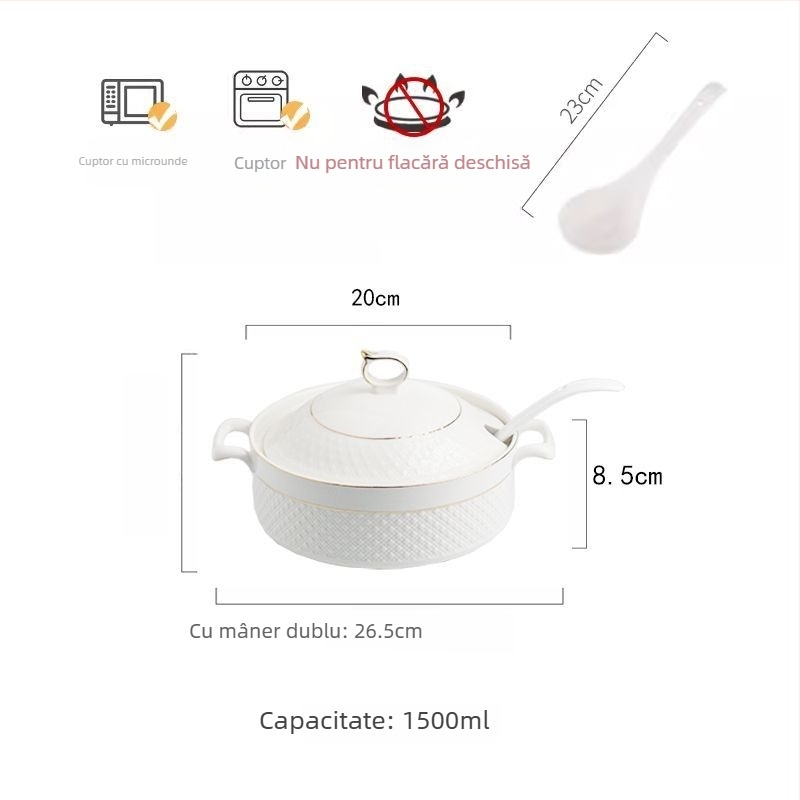 Vas de supă din porțelan cu capac, stil japonez, formă rotundă, mânere duble