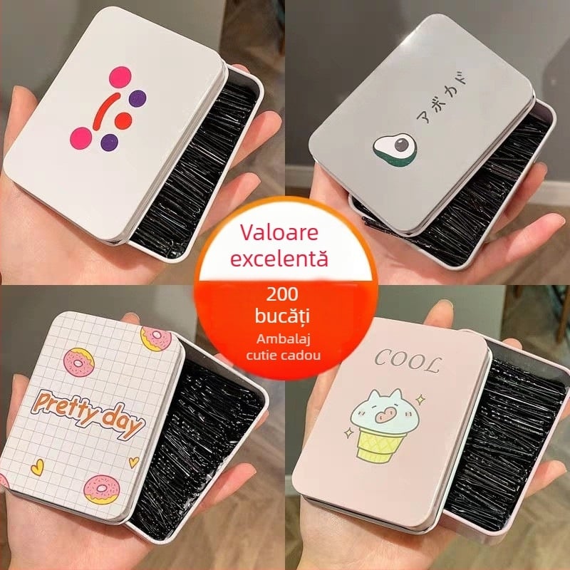 Set de clipuri de păr din metal, în cutie, stil coreean, 200 bucăți — clipsuri în formă de I și clipsuri laterale, negre