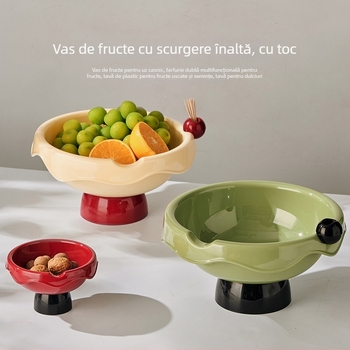 Farfurie pentru fructe pentru uz casnic, cu drenaj dublu, tavă din plastic pentru fructe uscate și semințe (PET+PP; Farfurie pentru fructe; 2025; Stil chinezesc nou; Stil simplu)