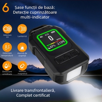 Detector portabil de gaze cu afișaj digital – Patru în unu: CO, CO2, temperatură și umiditate, alarmă, montare magnetică