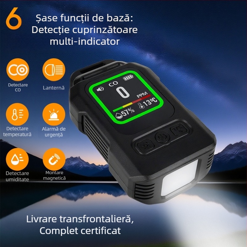Detector portabil de gaze cu afișaj digital – Patru în unu: CO, CO2, temperatură și umiditate, alarmă, montare magnetică