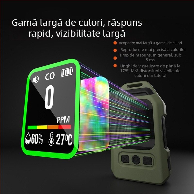 Detector portabil de gaze cu afișaj digital – Patru în unu: CO, CO2, temperatură și umiditate, alarmă, montare magnetică