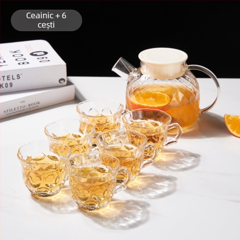 Fierbător de apă din sticlă cu filtru și set de ceai cu căni — stil modern minimalist, sticlă, capacitate mare, rezistent la temperaturi înalte