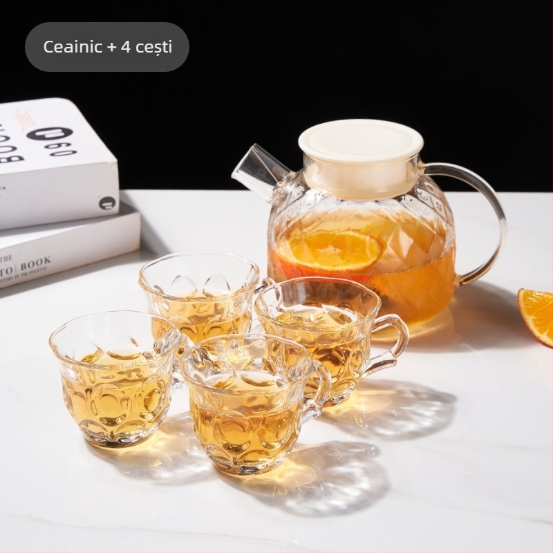 Fierbător de apă din sticlă cu filtru și set de ceai cu căni — stil modern minimalist, sticlă, capacitate mare, rezistent la temperaturi înalte