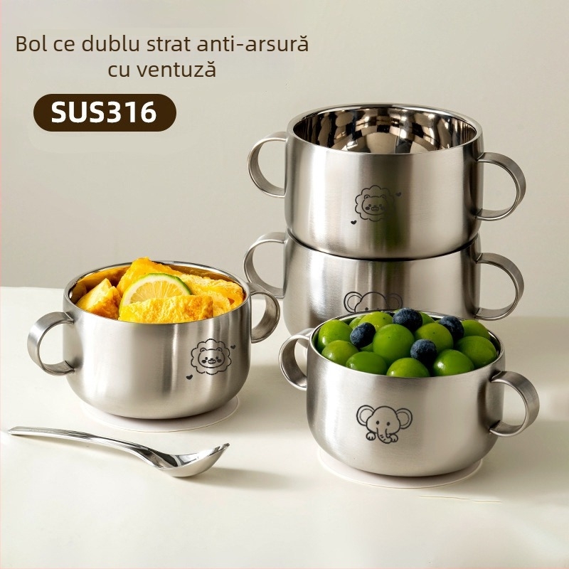 Vas pentru copii din oțel inoxidabil, cu dublu strat, construcție întărită și ventuză din silicon alimentar