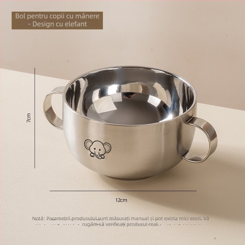 Vas pentru copii din oțel inoxidabil, cu dublu strat, construcție întărită și ventuză din silicon alimentar