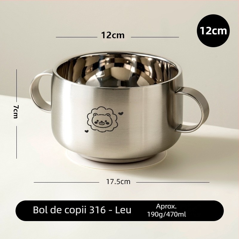 Vas pentru copii din oțel inoxidabil, cu dublu strat, construcție întărită și ventuză din silicon alimentar