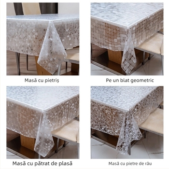 Față de masă de unică folosință, dreptunghiulară, din plastic PE, cu model pietricele, impermeabilă și rezistentă la ulei.