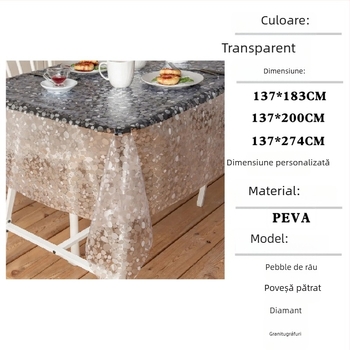 Față de masă de unică folosință, dreptunghiulară, din plastic PE, cu model pietricele, impermeabilă și rezistentă la ulei.